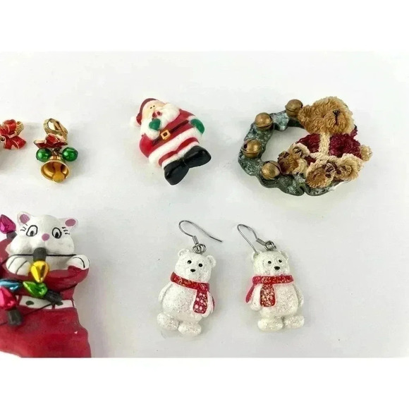 9 PC Christmas Holiday Lot Jewelry Mixed Assorted Earrings Pins Bracelet - Picture 2 of 11